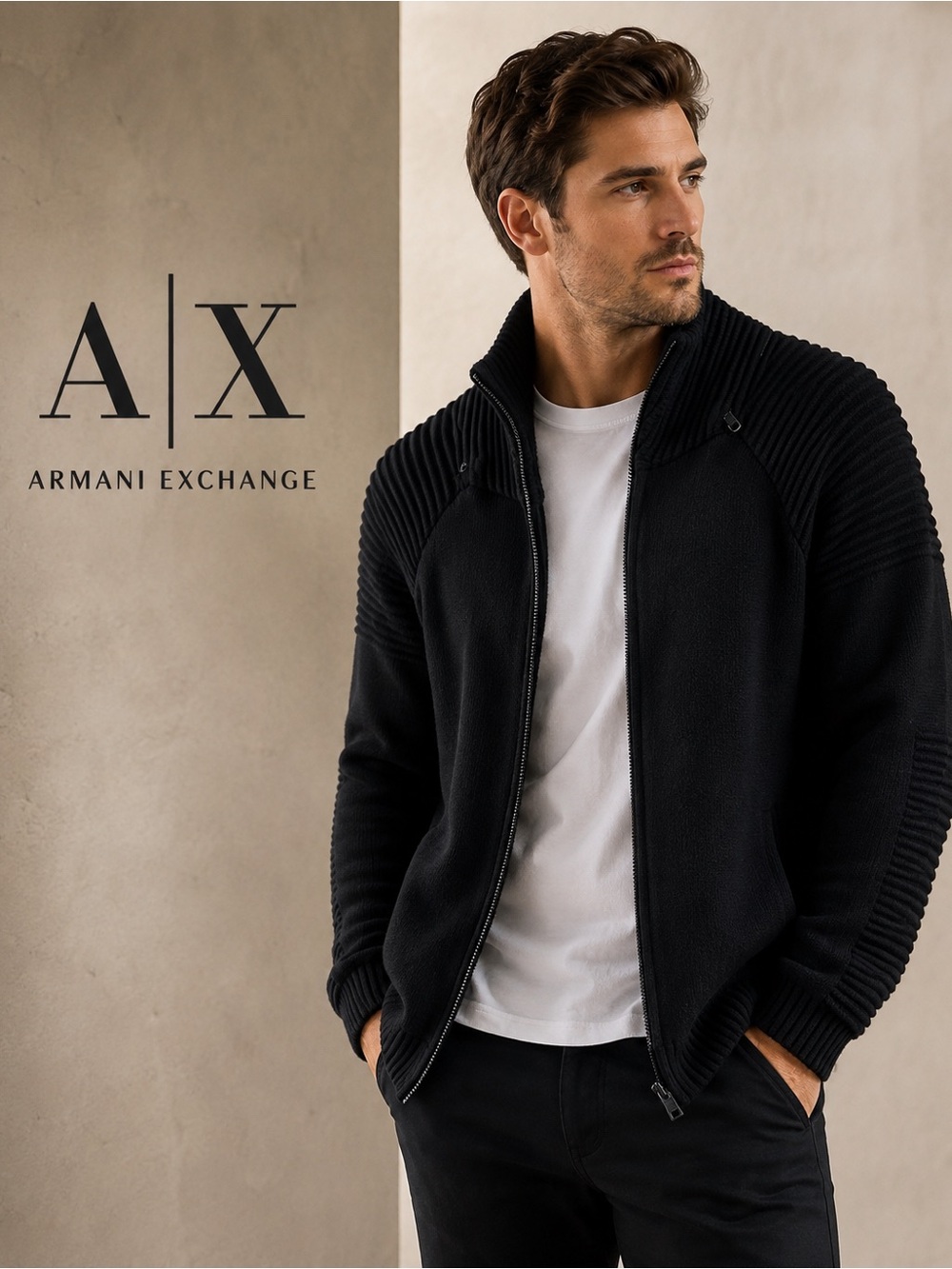 Armani Exchange Men’s Black Ribbed Zip-Up Sweater Jacket